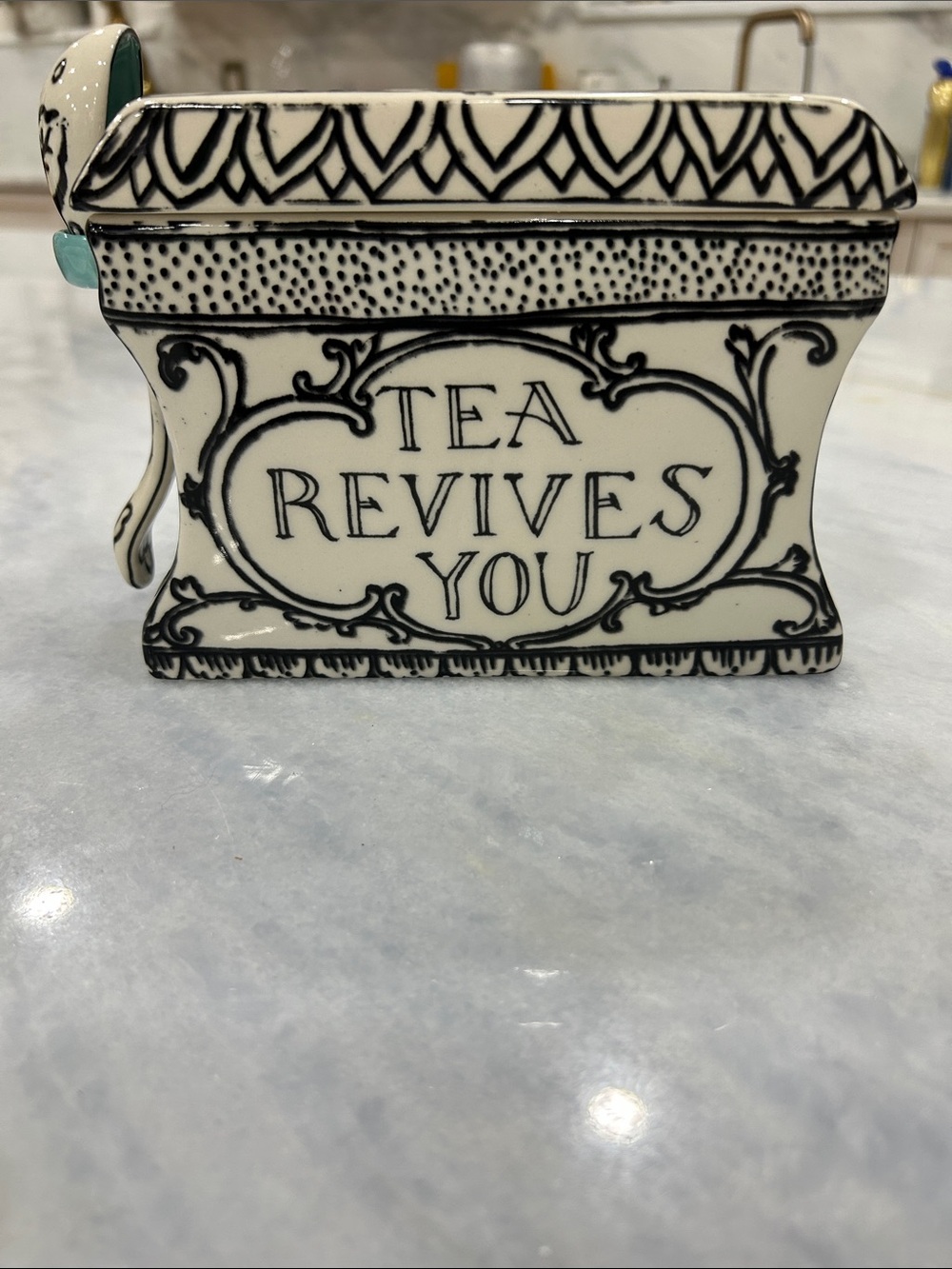 Molly Hatch Anthropologie Ceramic Tea Caddy — Black and White Ornate Design